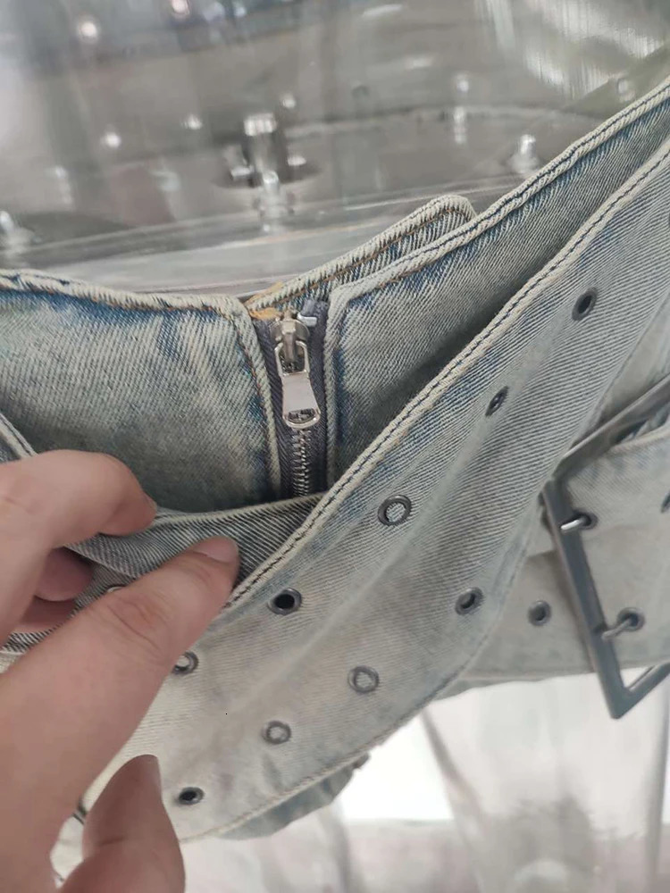 LGRQ Y2K Fashion Cross Belt Women Short Skirt High Street Wear Summer Trendy Girl Sexy Mini Denim Jacket 19F1136 250314