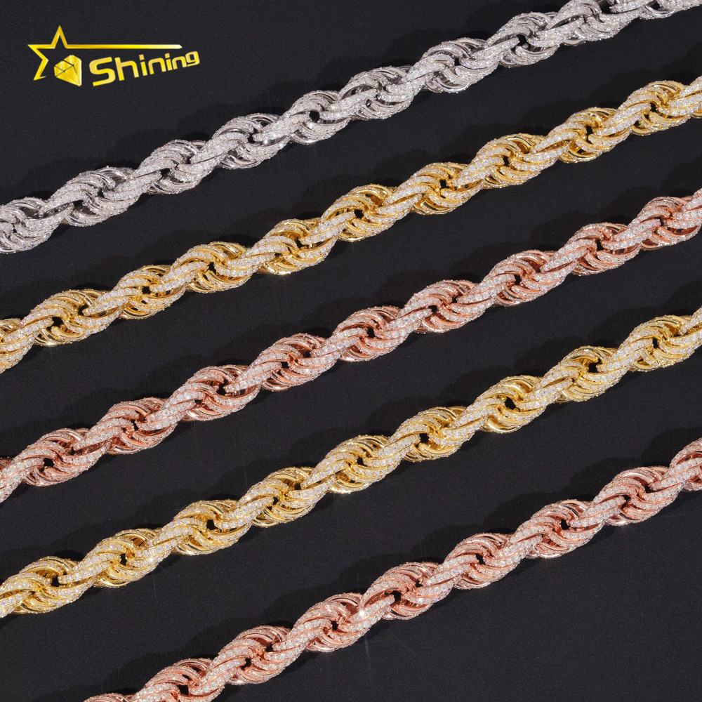 Iced Out Moissanite Rope Chain Sterling Silver 925 Gold Plated Moissanite 10mm Bracelets Hip Hop Mens Jewelry