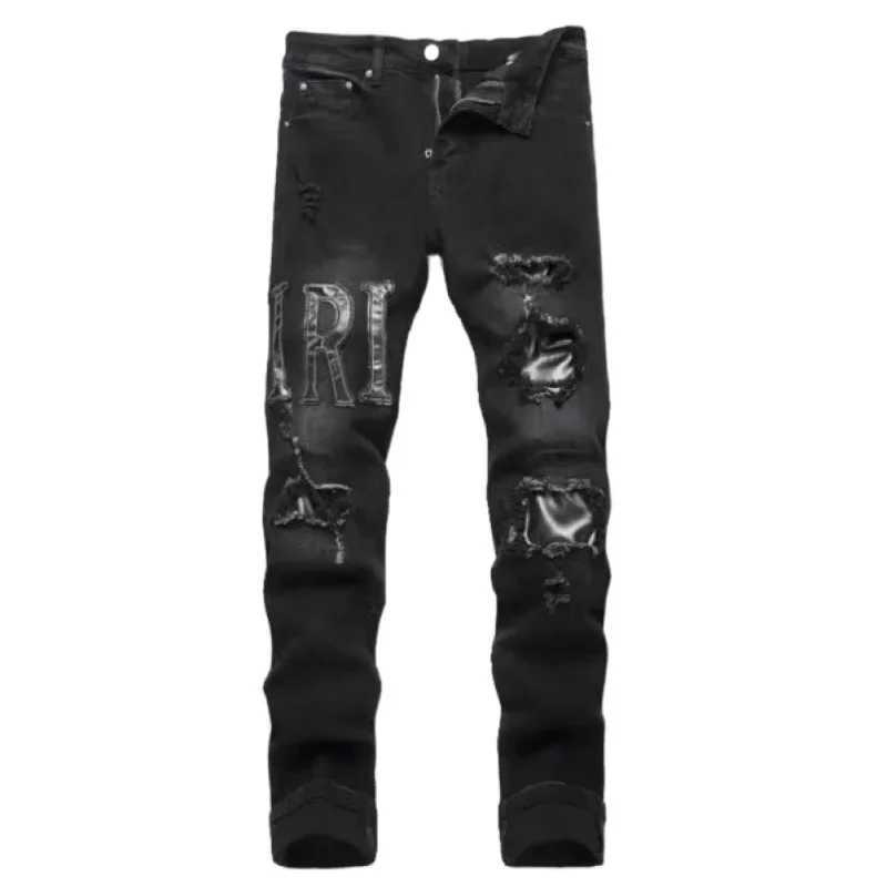 2025 Korean Style Embroidered Jeans Mens High Waist Slim Fit Stretchy Denim Trousers Trendy Achieves Slimming EffectT250314