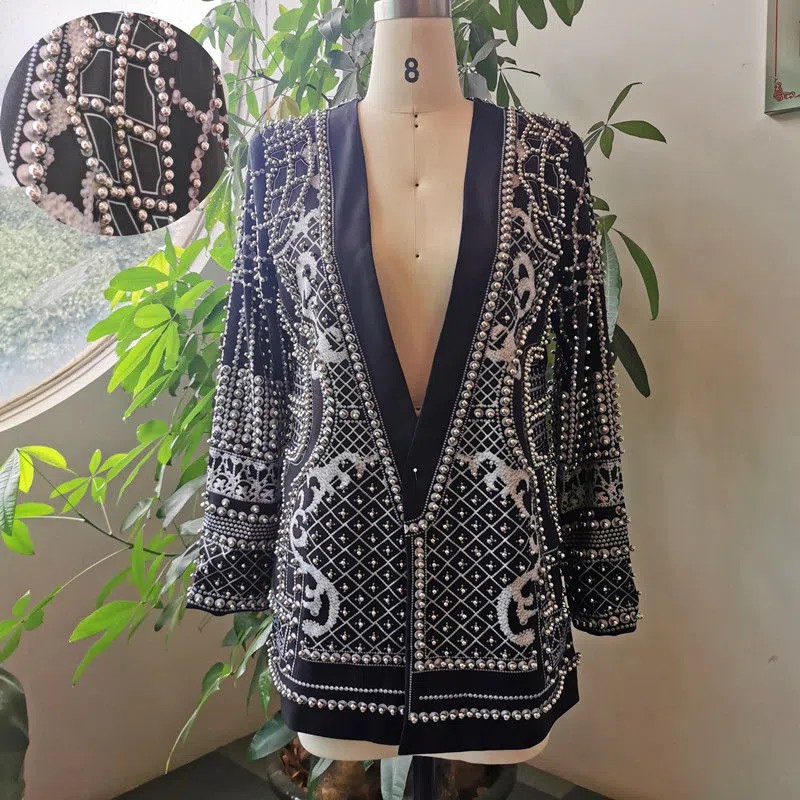 K311Classic V Neck Thick Knit Blazer - Elegant Bubble Bead Pattern