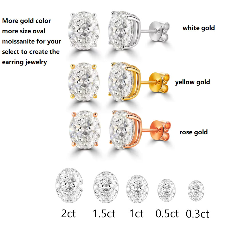 14K Gold Earring Each Moissanite 0.5ct 1ct 1.5ct 2ct Oval Loose Moissanite Diamond Stud Earring