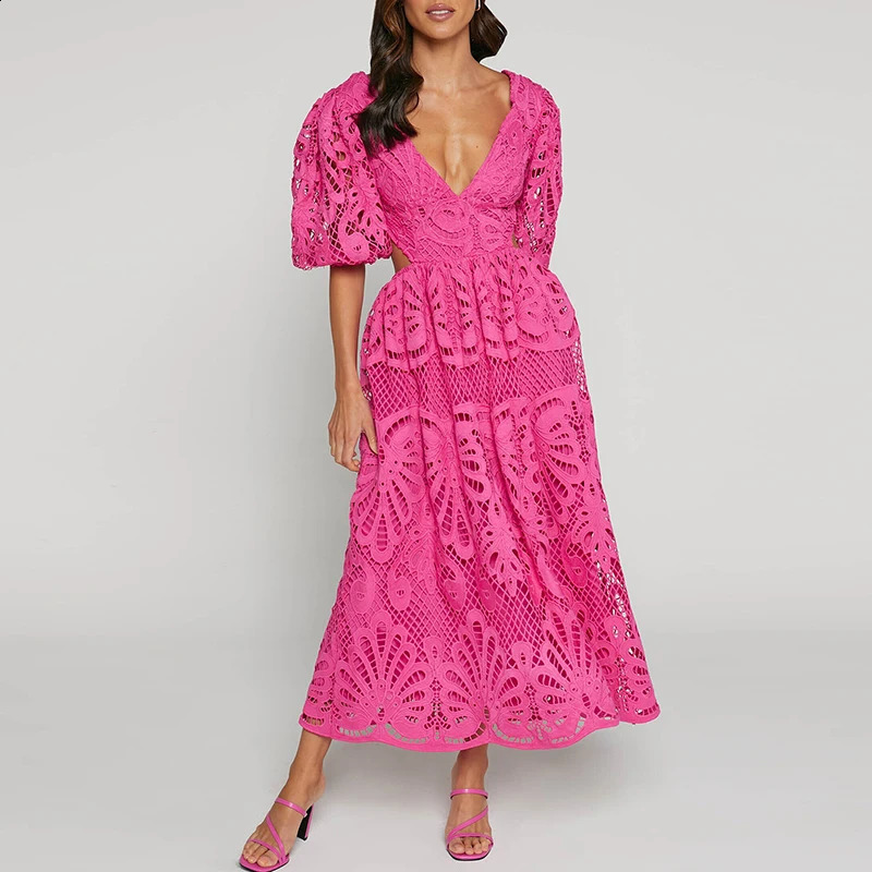 2025 Causal Half Sleeves Solid Party Dress Elegant Deep V-neck Hollow Out Long Dress Women Sexy Lace Embroidery Holiday Dresses 250313