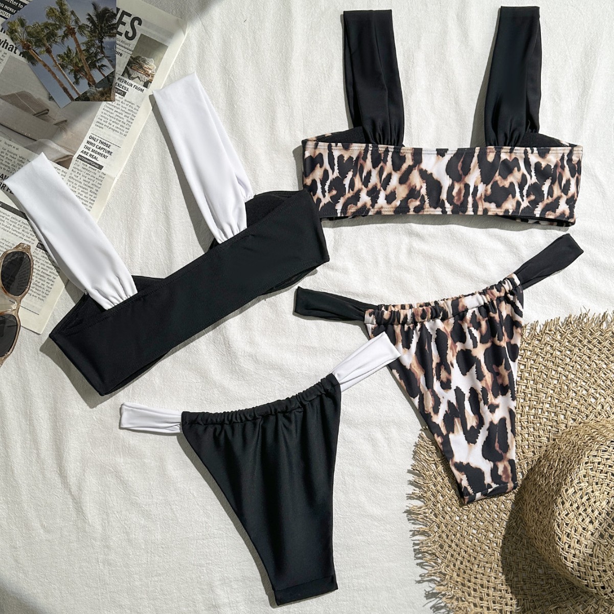 2025 New Product Soft Bag Wide Shoulder Strap T Pants Womens Two Piece Set Sexy Leopard Pattern Bikini Batch 250306