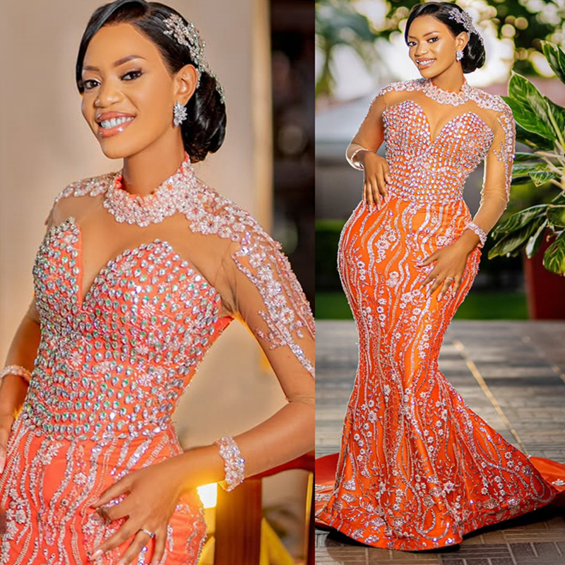 2025 Plus Size Orange Prom Dresses Mermaid Evening Dresses For Special Occasions High Neck Long Sleeves Beaded Lace Birthday Dress Second Reception Go