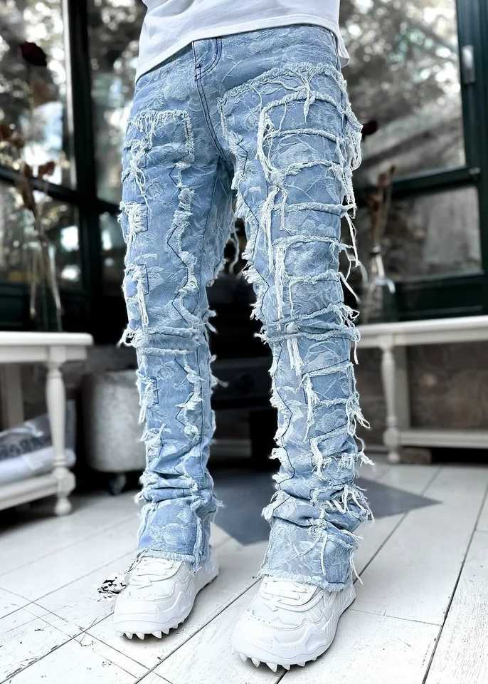 Mens Regular Fit Stacked Jeans Ripped Slim Fit Patch Distressed Destroyed Straight Denim Pants Hip Hop Strtwear Trouser ClothT250314 S250903