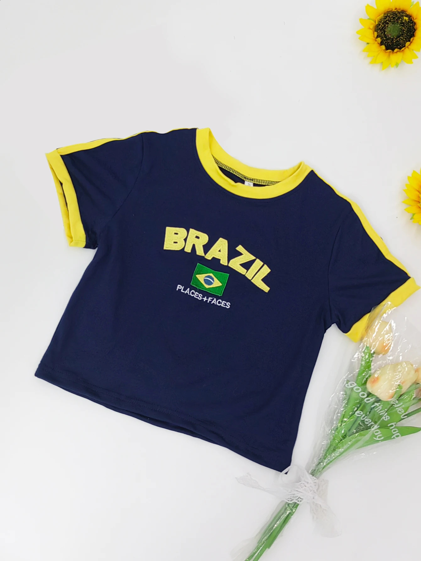 2025 Retro Street Aesthetic Baby T-shirt Women Green Brazil Letters Print Crop Tops Casual Slim Short Sleeve Y2k Clothes E-girls 250313