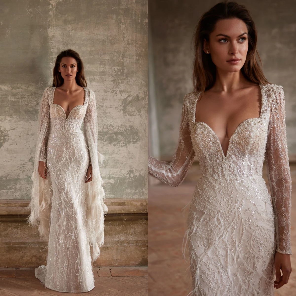 Evening Dresses For Women Sweetheart Neck Long Sleeves Gown Sequins Feather Sweep Train Party Customized Dress