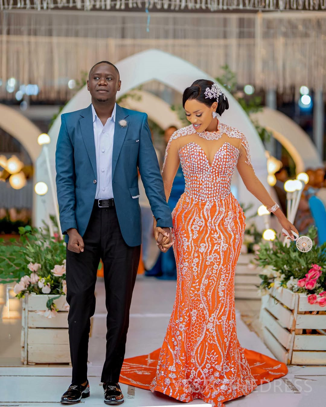 2025 Plus Size Orange Prom Dresses Mermaid Evening Dresses For Special Occasions High Neck Long Sleeves Beaded Lace Birthday Dress Second Reception Go