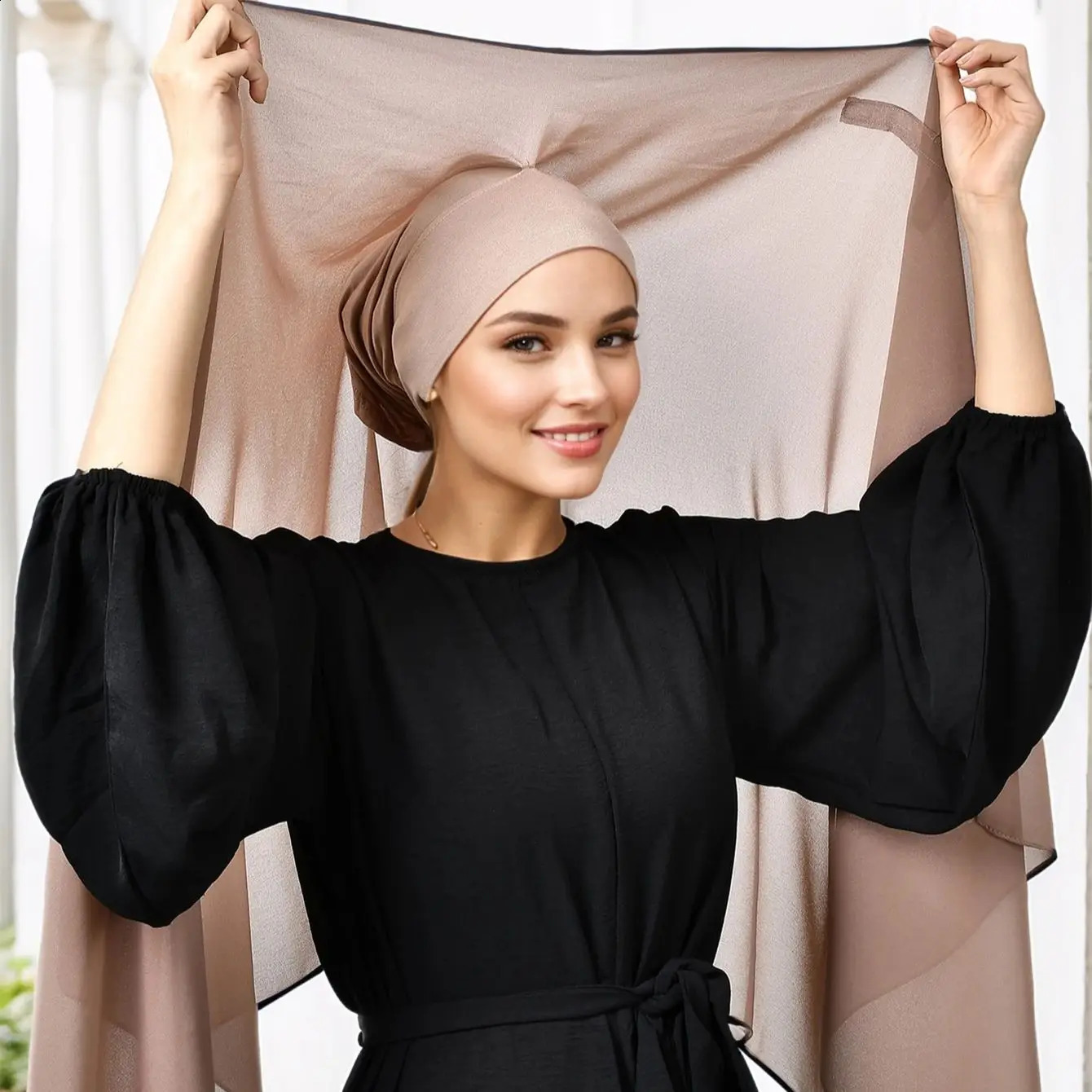 Premium Instant Chiffon Hijab with Bulit-In Magnets Solid Color Easy To Wear Shawl Wrap with Undercap for Muslim Women 250311