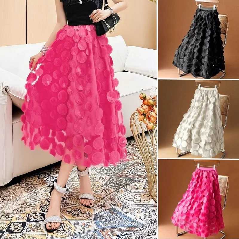 Skirts Tulle Skirt for Women 3D Polka Dot Elastic Waist Mesh Flowy A-Line Midi Skirts Wedding Halloween Party Costume Strtwear Y250314W5F5