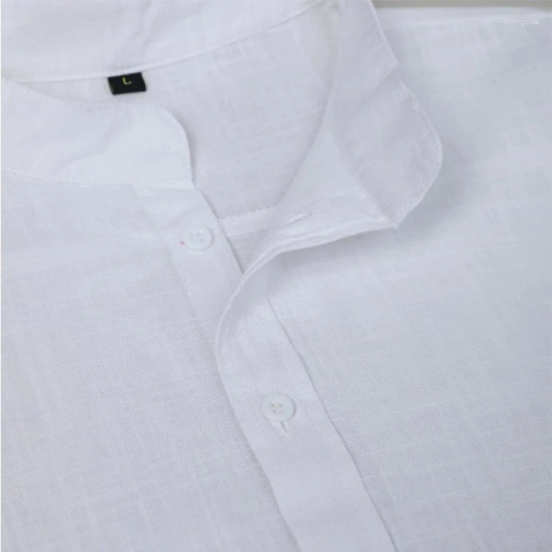 Men's Casual Shirts Vintage Button-up Stand Collar Mens Spring Summer Short Sleeve Linen Shirt Tops Men Clothes Fashion Solid