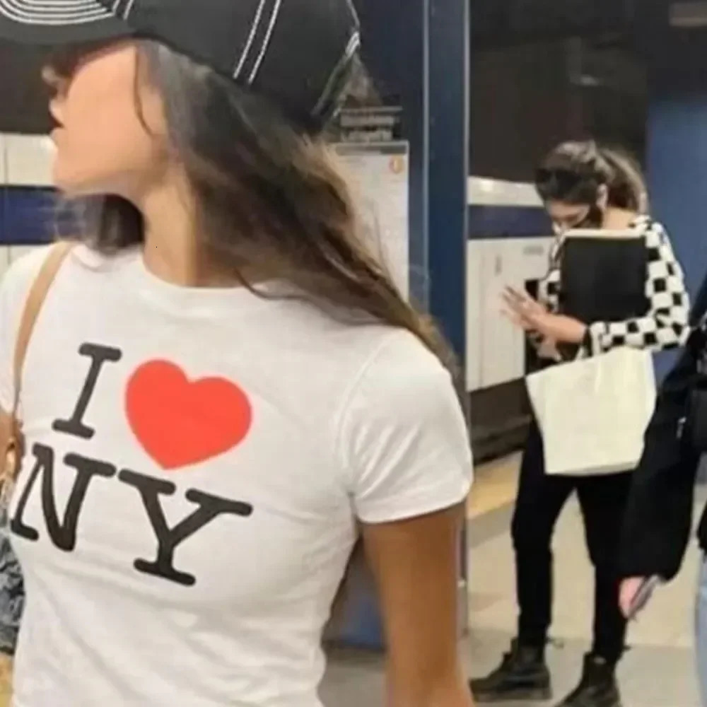 Crop Tops I love NY 2000s Streetwear Harajuku women T-shirt Short Sleeve Y2K Fashion Letter Print Cute Tees E-s Slim 250314