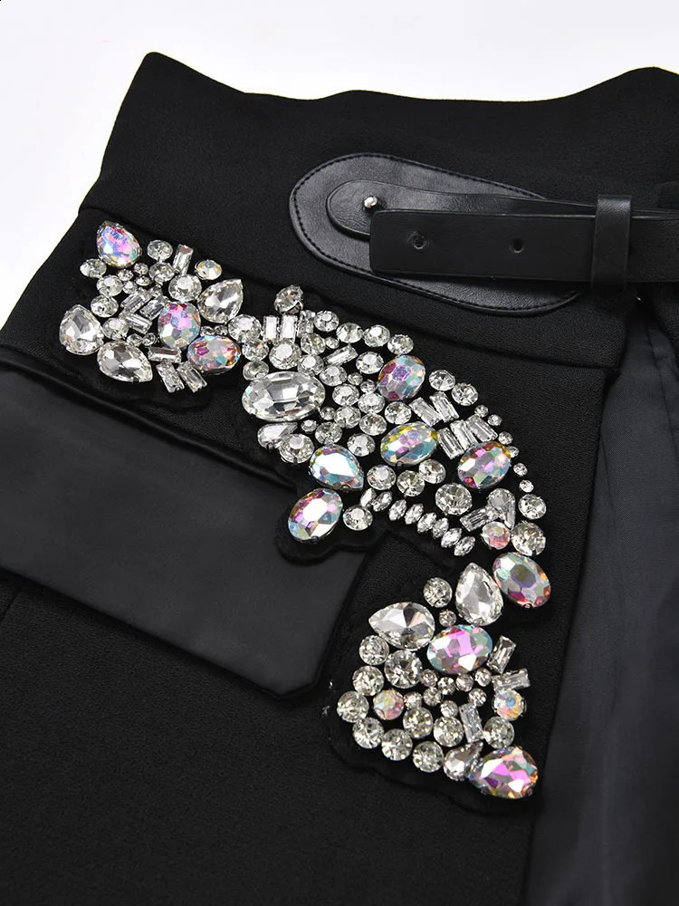 EAM Black Irregular Rhinestones Belted Mini Half-body Skirt High Waist Women Fashion Spring Autumn 2025 JY75801 250313
