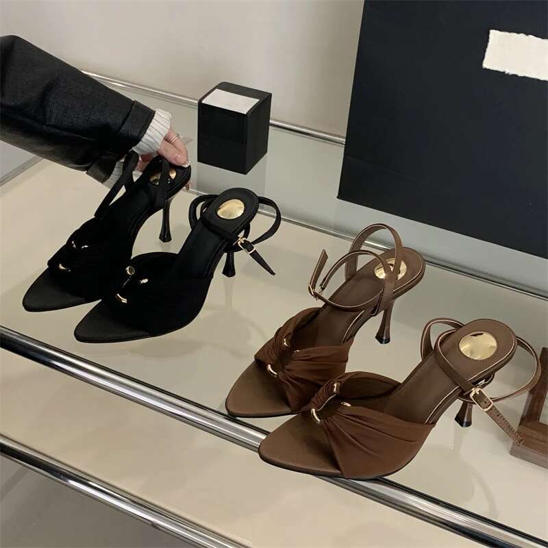 Eilyken Sexy Pleated Hollow Out Buckle Strap Women Sandals Summer Pointed Toe Thin High Heels Banquet Party Female Shoes