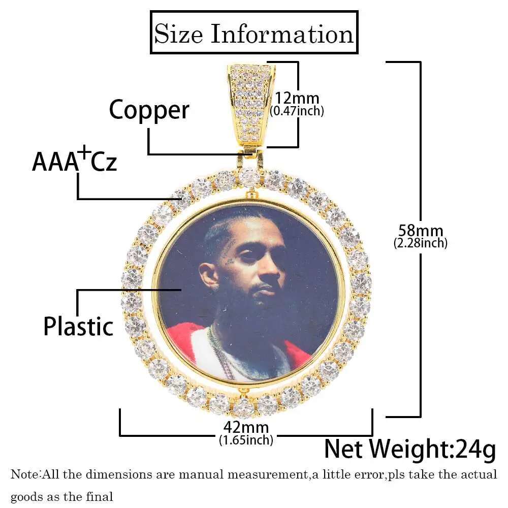 Custom Rotating Double Sides Medallions Necklace Iced out Circle Photo Chain Pendant Couple Valentine's Day gift
