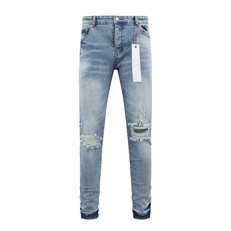 2025 Fashion New Purples Mens Jeans Light Blue Ripped Patch Stretch Slim Straight Pants Street Hip Hop Style Denim TrousersT250314