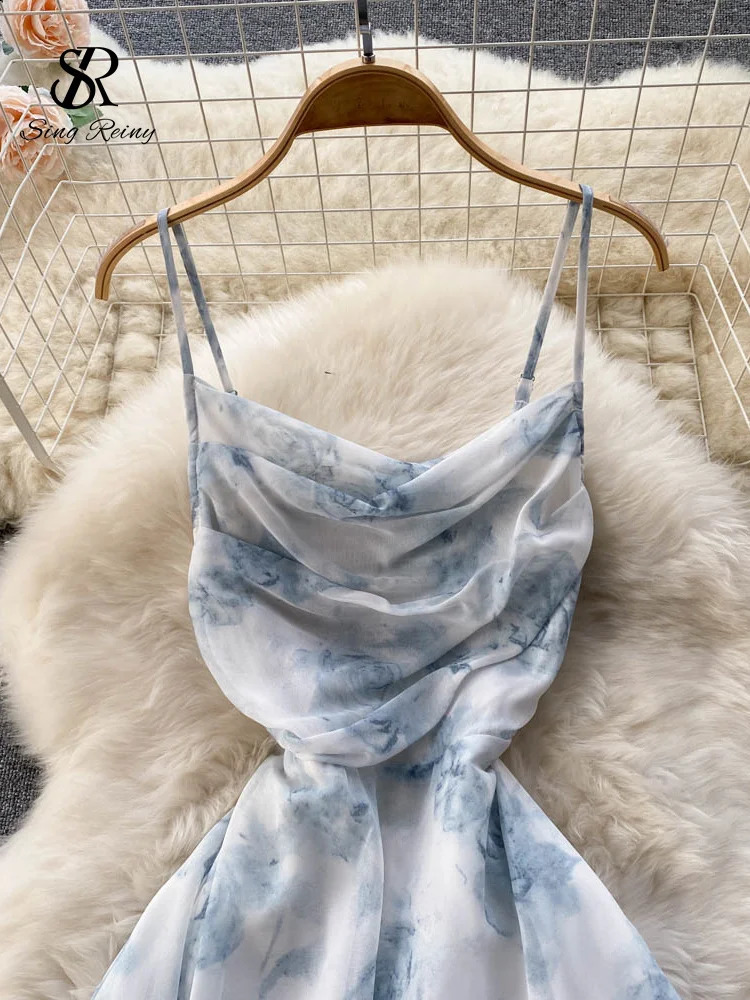 SINGREINY Women Floral Spaghetti Strap Dress Elastic Ruched Sexy Hollow Backless Party Dress Summer Boho Vacation Beach Sundress 250313