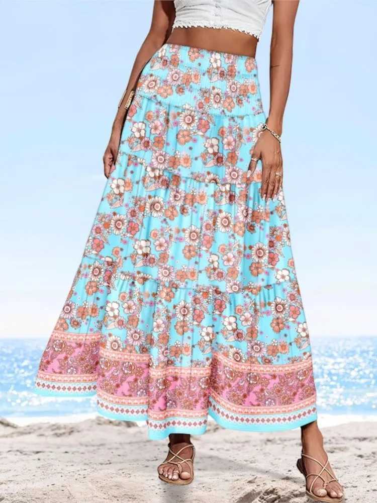 Skirts Summer Bohemian printed womens leather elegant high waisted pleated long skirt casual beach style fashionable womens clothing Y250314QXH8