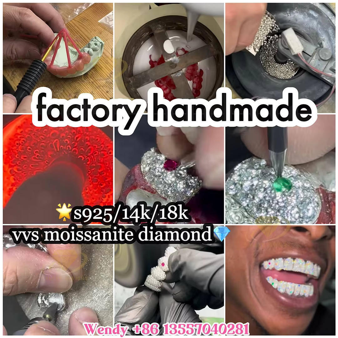 Custom VVS Moissanite Teeth Grillz Honeycomb Set with Big Stone Grillz Diamond Iced Out Grills Mens Hiphop Honeymoon Grillz