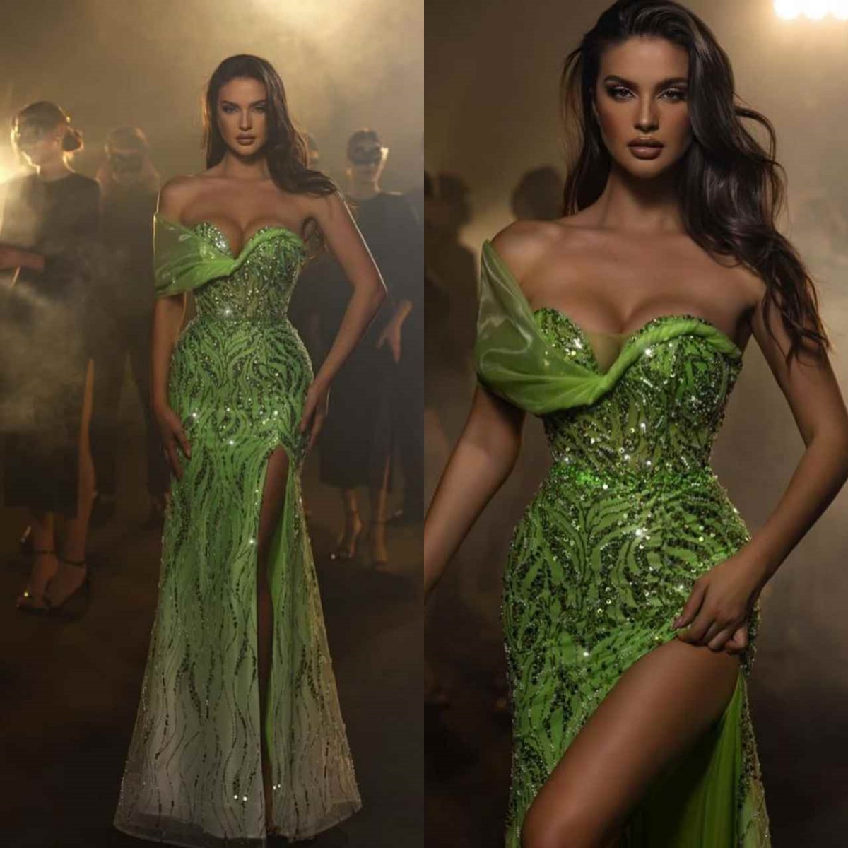 Sexy Evening Dresses For Women One Shoulder Sleeveless Gown Sequins Split Side Sweep Train Party Customized Dress