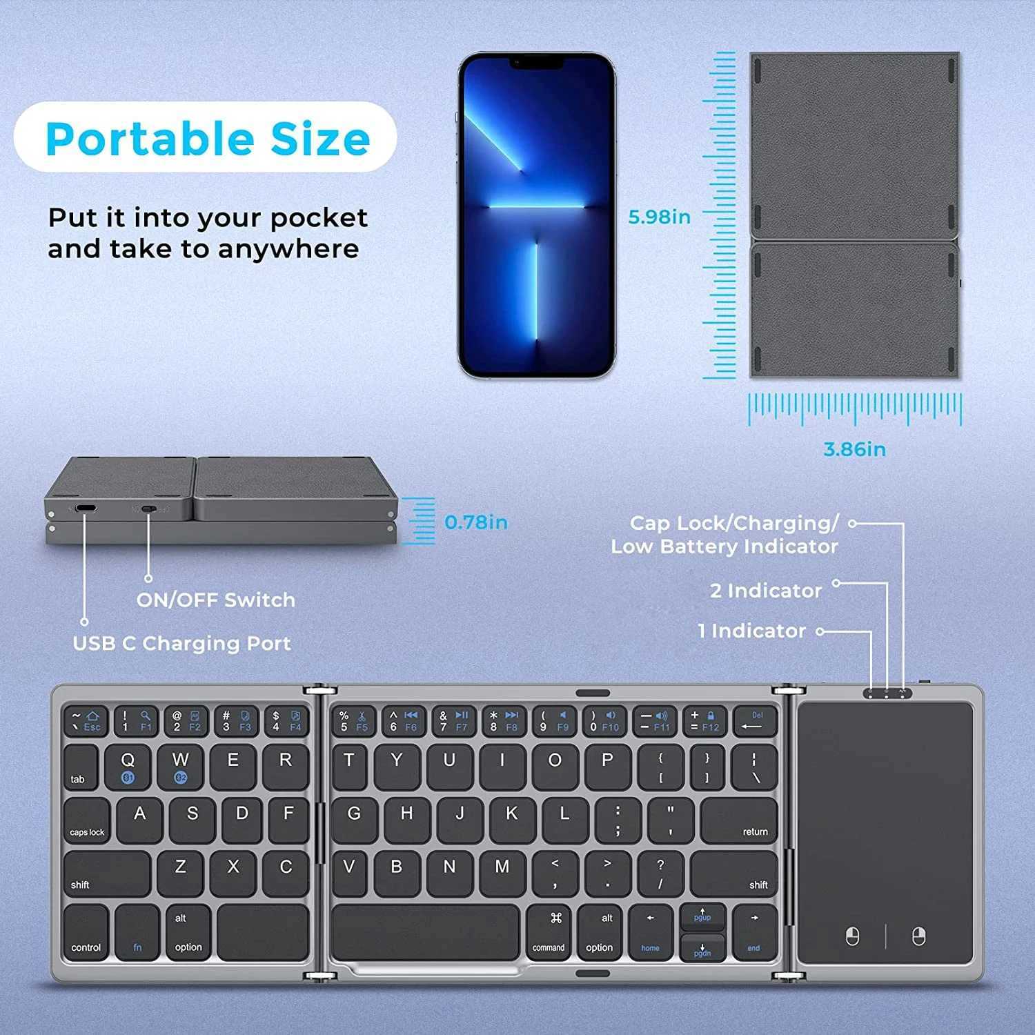 3 Folding Keyboard Dual wireless connections 5.1 Keyboard Rechargeable Portable Mini Touch Keyboard with Touchpad Suitable for Windows Android iOS X25