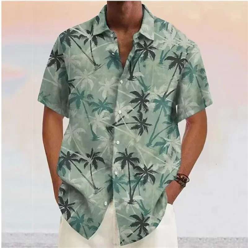 Men's Shirts 2023 Coconut Tree Print Lapel Button Shirt Blue Hawaiian Short Sleeves Fashion Designer Casual Soft 7 Colors Summer