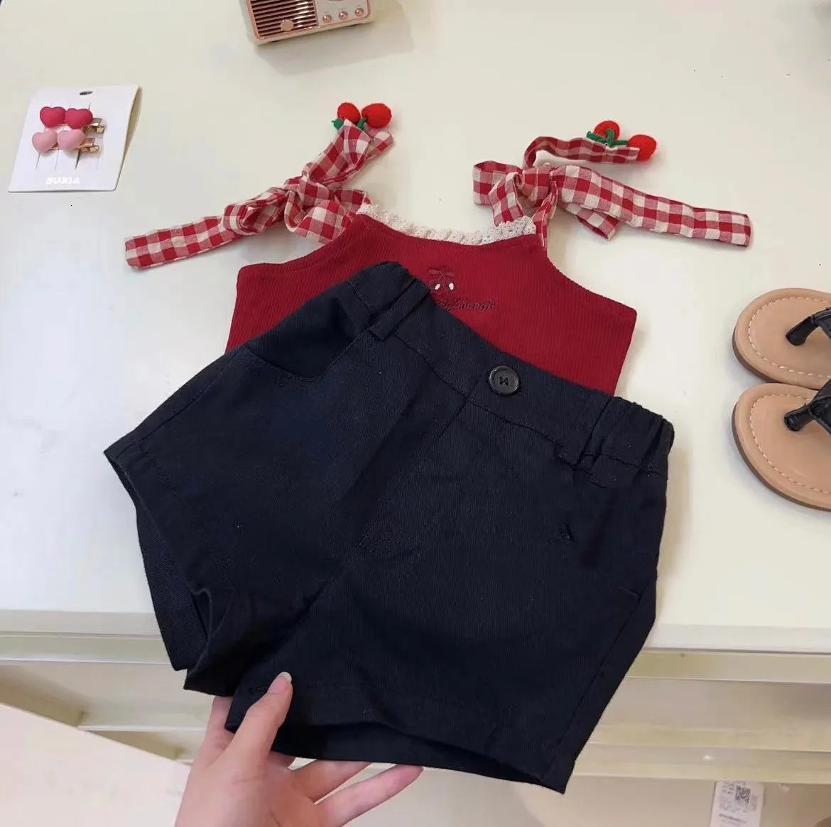 Girls Suits Vest Set Summer Children Suspenders Style Girl Sleeveless Top Shorts Style Summer Simple Casual Clothes 250314