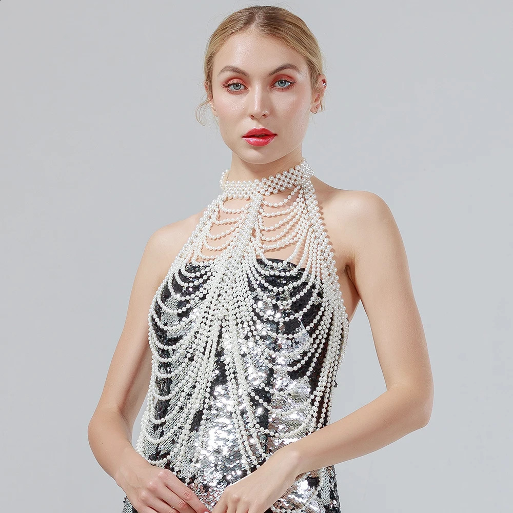 Sexy Women Pearl Shawl Necklaces Collar Shoulder Long Chain Pendants Necklaces Sweater Chain Wedding Dress Jewelry Accessories250305