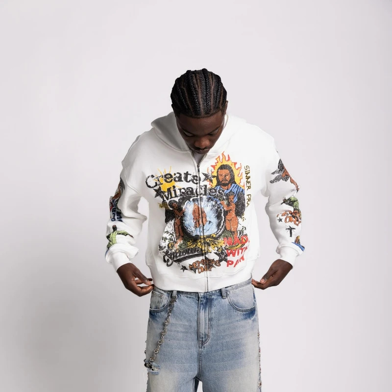 Y2K Messiah Zipup Hoodie Sorrow Creates Miracles Pattern Digital Printing Streetwear Retro High Street Trendy Unisex Pullover 250311