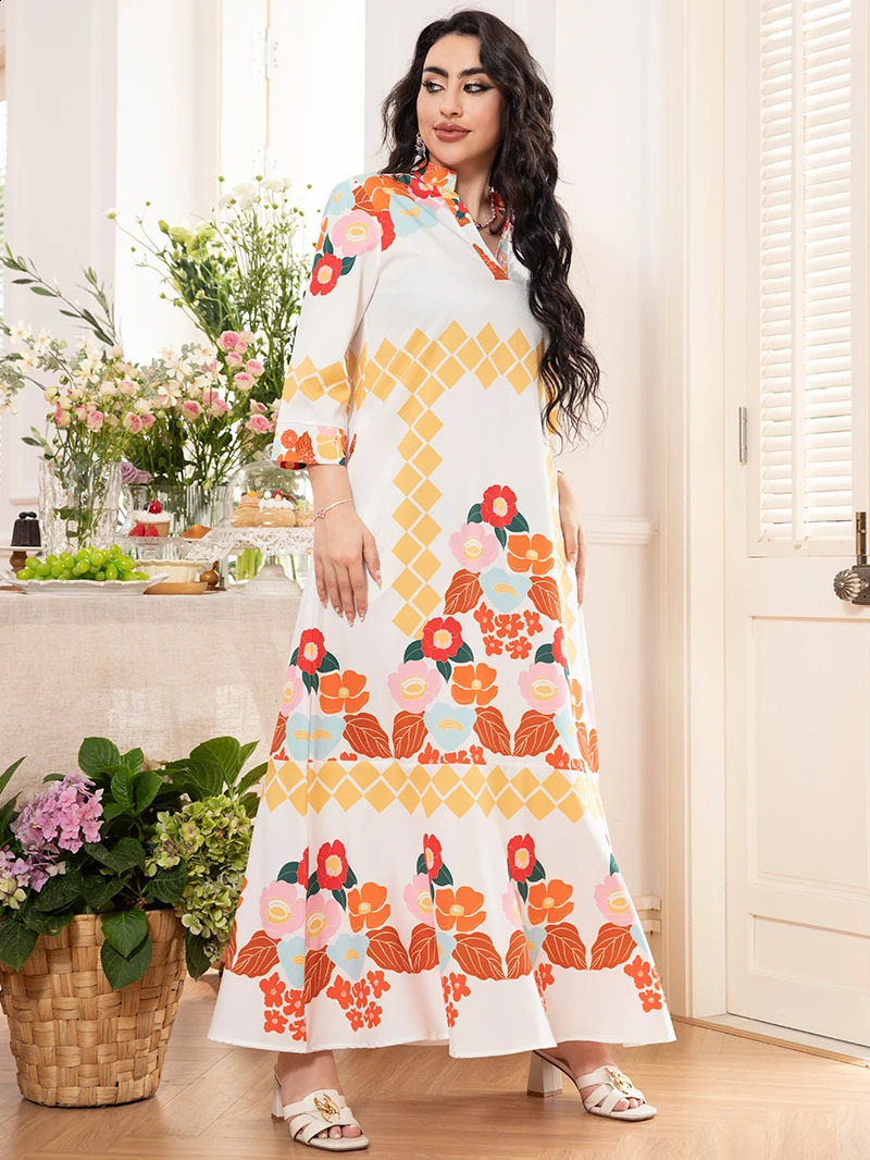 2025 Spring Arrival Sweet Vacation-Style V-Neck Floral Color-Blocked Long-Sleeved Midi Dress 250313