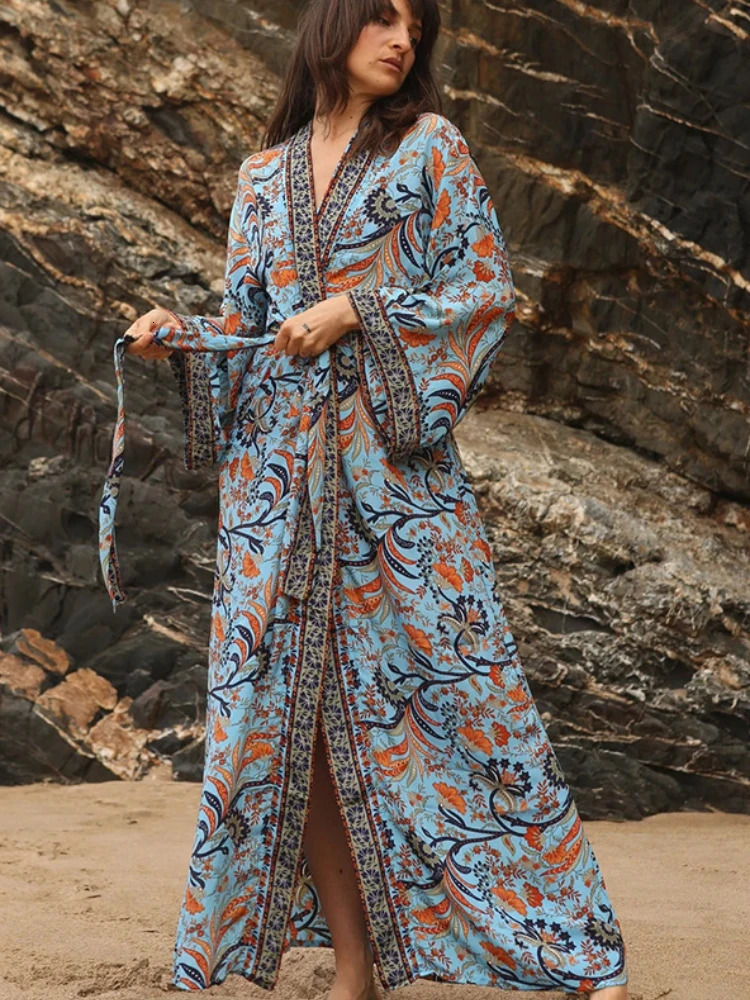 Beach Cover Ups Retro Kimono Pareo Flower Printed Womens Swimsuit with Belt Summer Holiday Direct 250314