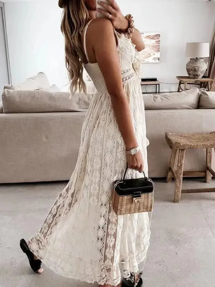 Summer Lace Sleeveless Women Dress V Neck Hollow Out Elegant Loose Dresses Fashion Sexy Beach Vacation Long Dress 250313
