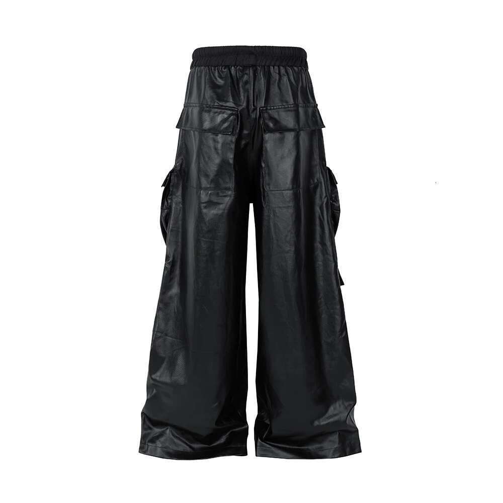 RO Style Matte PU Leather For Men High Street Y2k Pantalones Hombre Baggy Overall Wide Leg Drawstring Cargo Pants