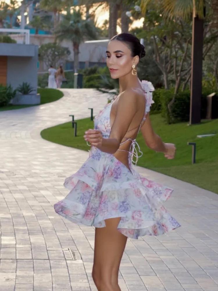 Chic 3d Flower Printed Womens Lace Up Backless Mini Dress Fashion Sleeveless Ruffles A-line Vestidos 2025 Lady Beach Party Gown 250313