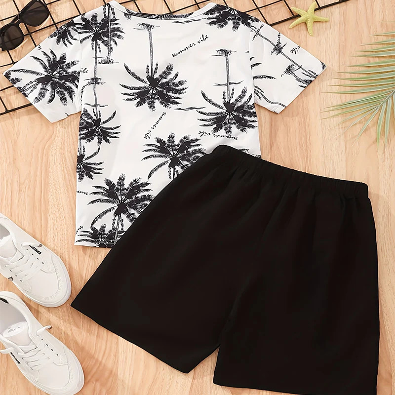 Two Piece Summer Boy Cute Casual Fashion Vacation Style Round Neck Printed Short Sleeved Solid Color Shorts Gentleman Set 250314
