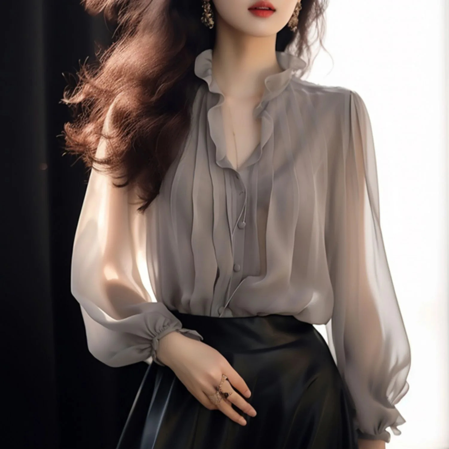 Ruffles Full Sleeves Oversize Chiffon Shirts Tops Fashion Womens Solid Color Elegant V-neck Spring Summer French n 250313