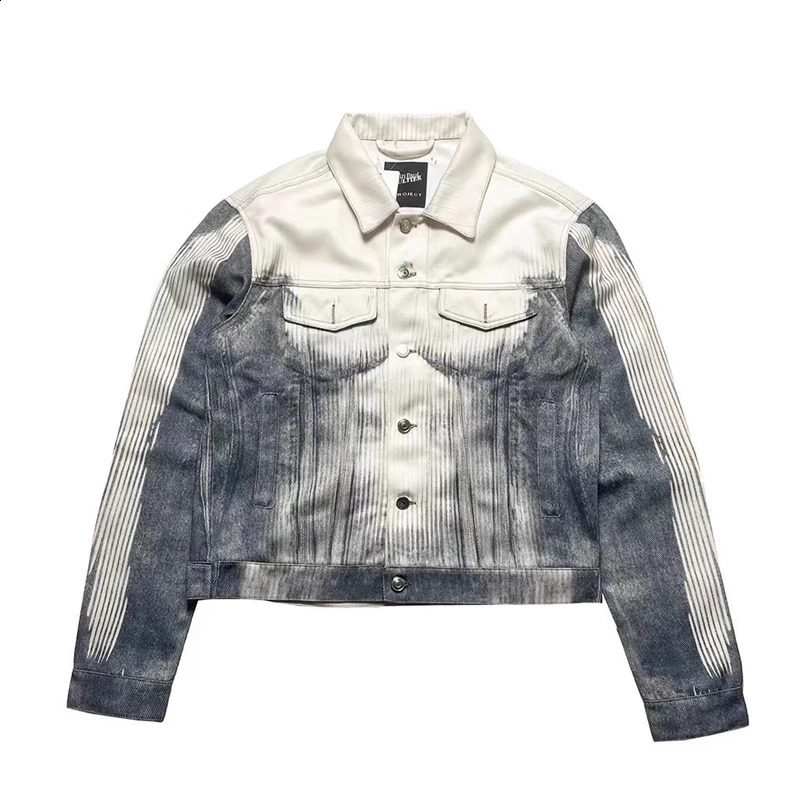 Striped Gradient Abs Digital Print Short Denim Jacket Trendy Mens Spring Autumn Loose Causal Lapel y2k Coat 250228