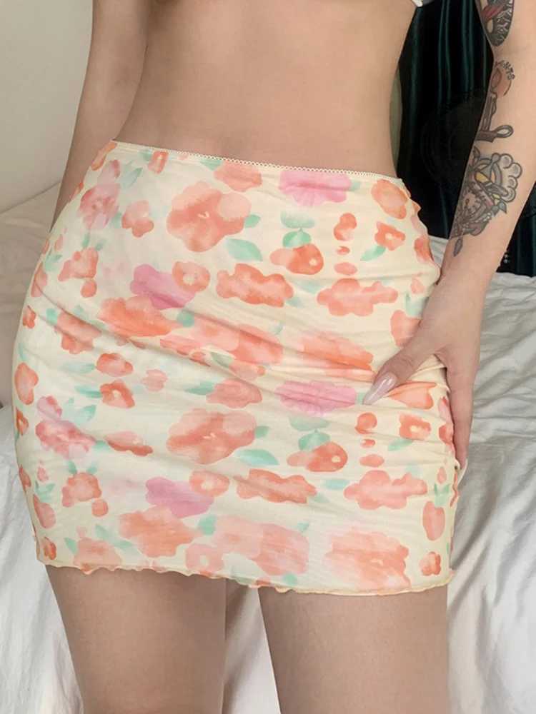Skirts Womens Skirt Flower Printed Mesh Double Layer High Waist Mini Skirts 2025 New Summer Strtwear Club Boydcon Retro Y2K Skirt Y250314U7AV