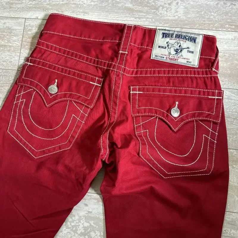 Harajuku Y2k red religious jeans Big Buddha red and white stitching street casual loose hip hop straight jeans men clothesT250314