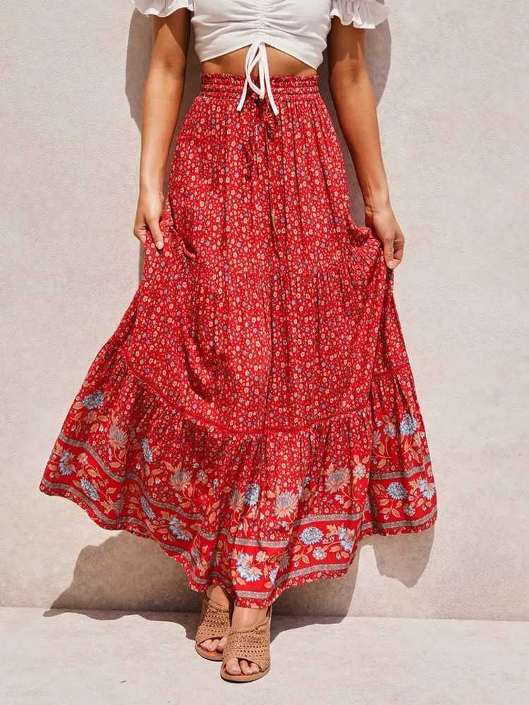 Skirts Retro floral print beach bohemian pleated womens skiing 2025 summer fashion cotton high waisted long skirt womens beach skiing Y2503148D49