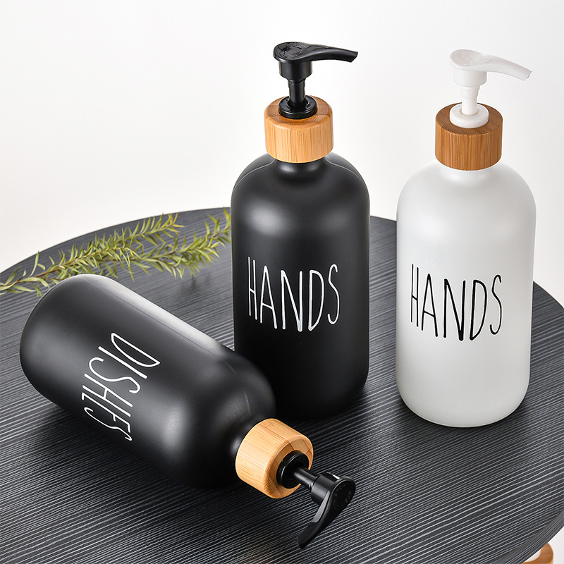 Glass Soap Dispenser with Bamboo Pumps and Tray 2 Pack 16oz Dish and Hand Soap Dispenser Set for Kitchen Bathroom WLL2548