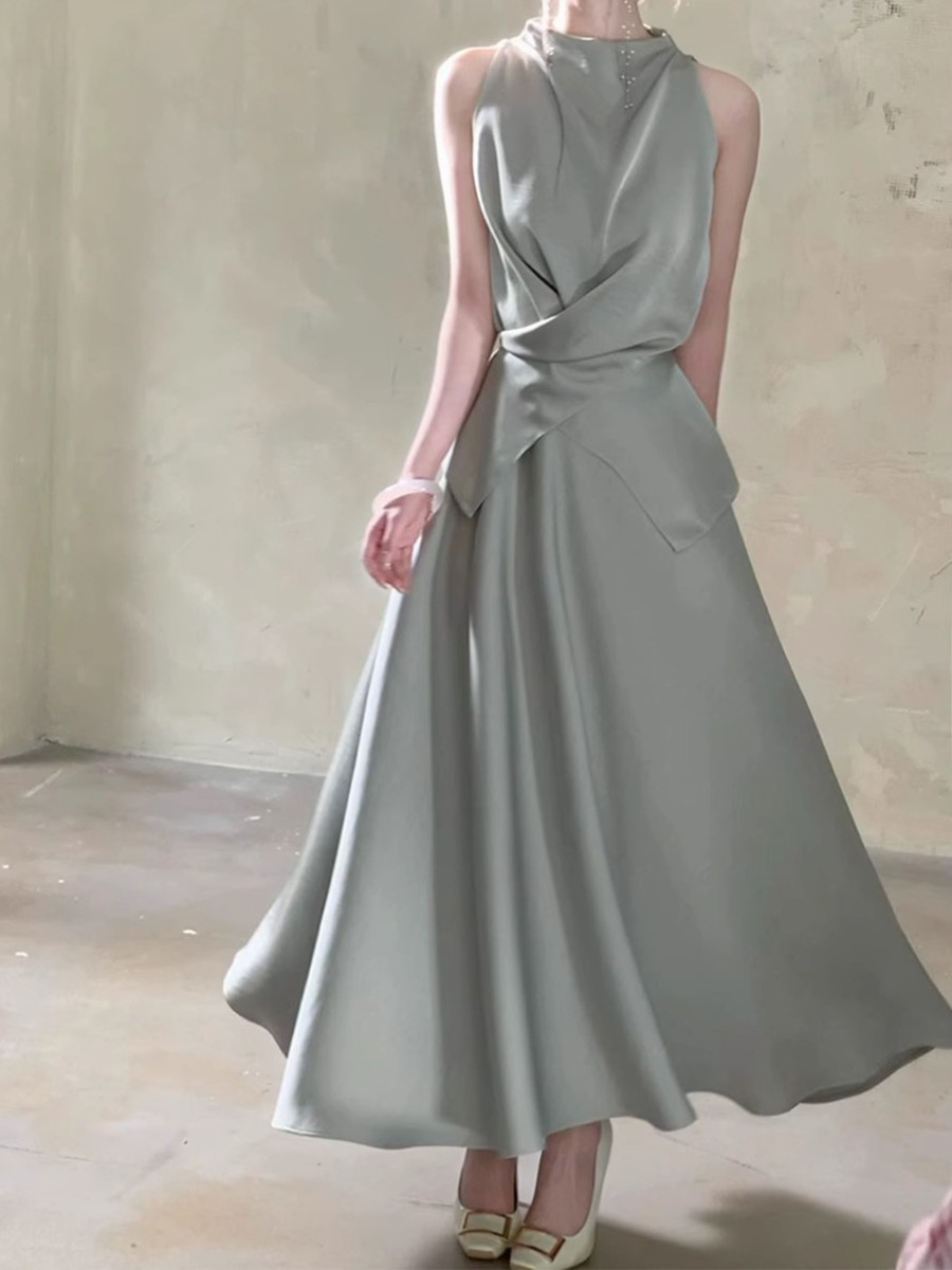 K8165 Satin suit high-end slim lace-up fashionable two-piece temperament long skirt