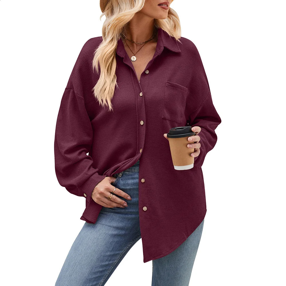 Spring Autumn Women Blouses Casual Loose Pocket Waffle Long Sleeve Shirt Female Casual Loose Overshirt Oversized Tops 250313