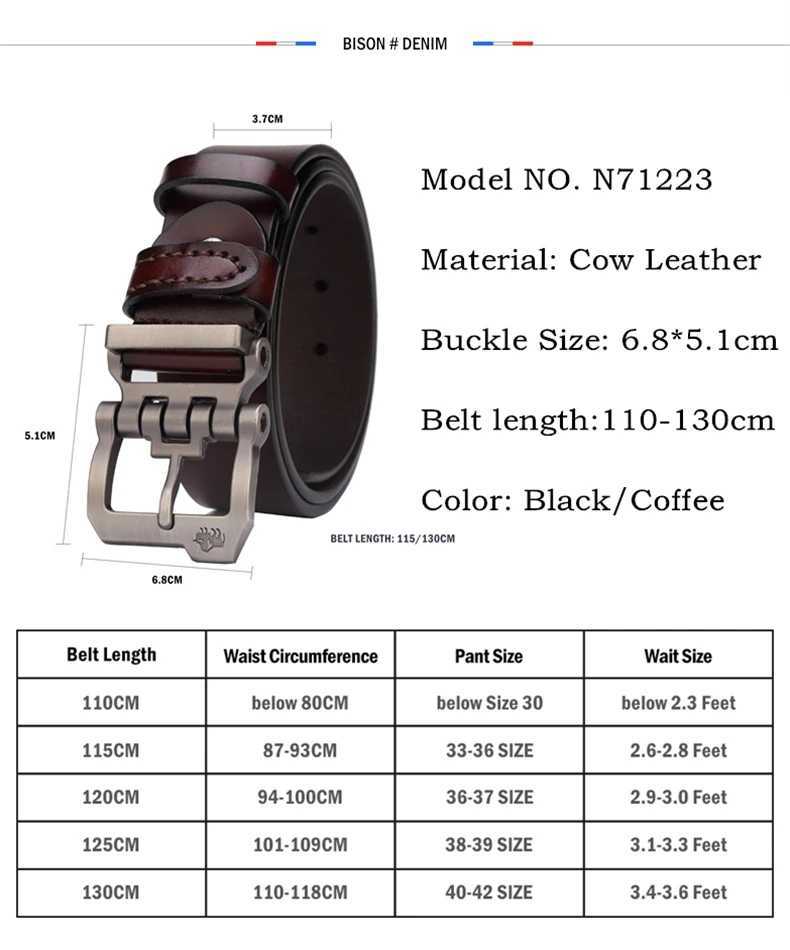 BISON DENIM Mens Genuine Leather Belt Gift Designer Jeans Belt Mens High Quality Denim Personalized Buckle Retro N71223 X250314