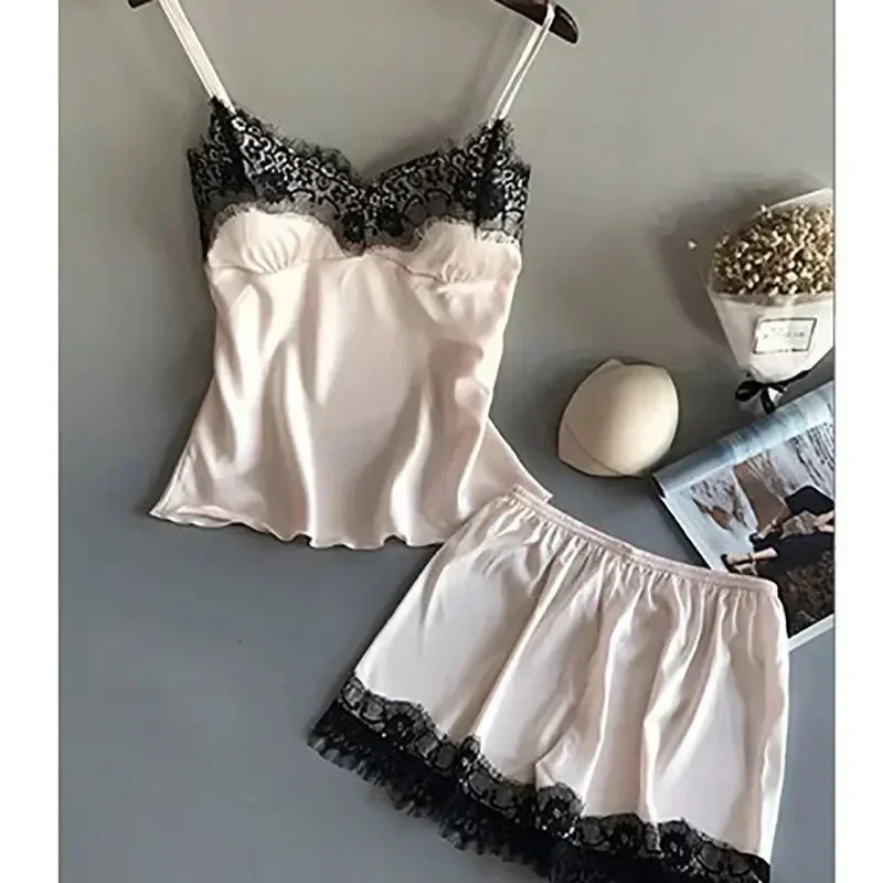 Womens Satin Ice Silk Pajama Suits V-Neck Lace Stretch Female Seamless Sexy Lingerie Homewear Pyjamas Shorts Sets Sleepwear 250314