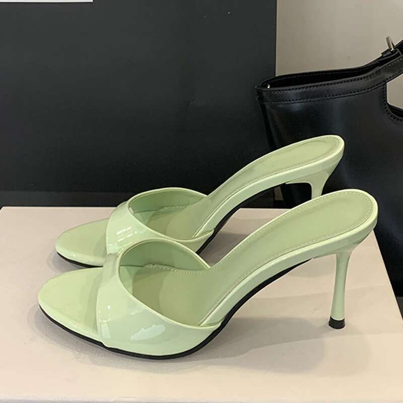 Liyke Wine Red Patent Leather Women Slippers Sandals Fashion Round Open Toe Thin High Heels Mules Slides Summer Party Dress Shoe