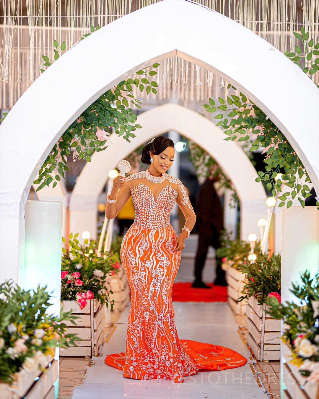 2025 Plus Size Orange Prom Dresses Mermaid Evening Dresses For Special Occasions High Neck Long Sleeves Beaded Lace Birthday Dress Second Reception Go