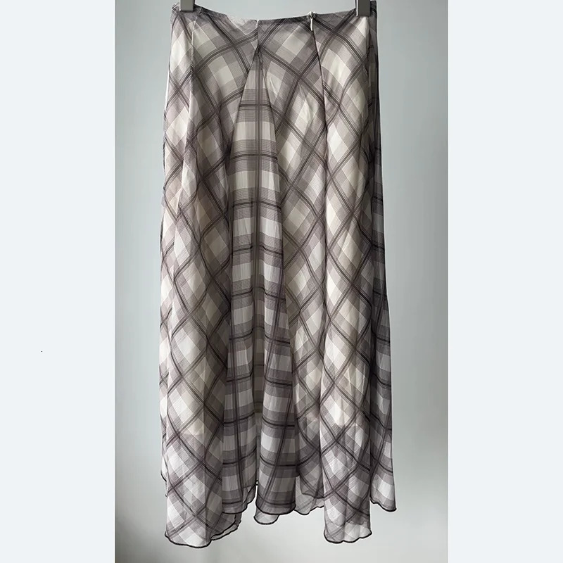 Flowing Check Midi Skirt Spring/Summer Collection Retro Long Style Seaside Vacation Casual Brown Womens Clothing 250311