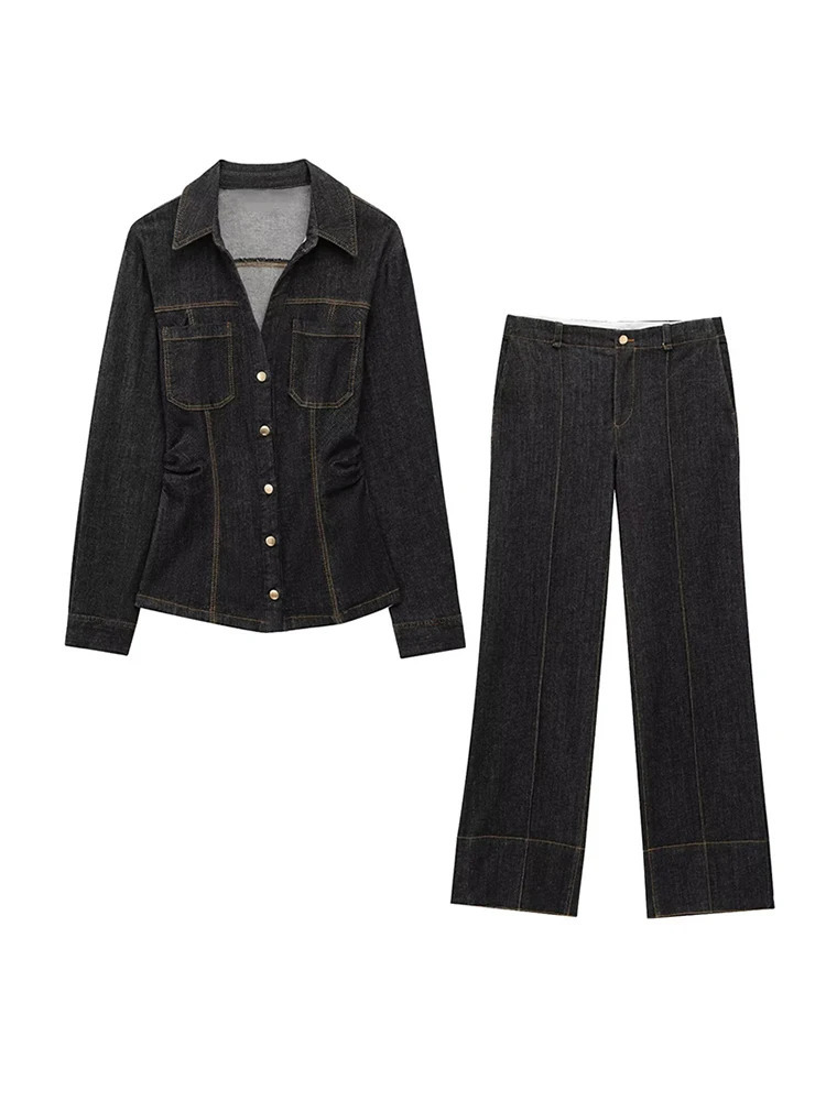 Chic Womens Vintage Denim Set Single Breasted Lapel Jacket With High Waist Wide Leg Jeans Spring Fall High Street Casual Outfit 250314