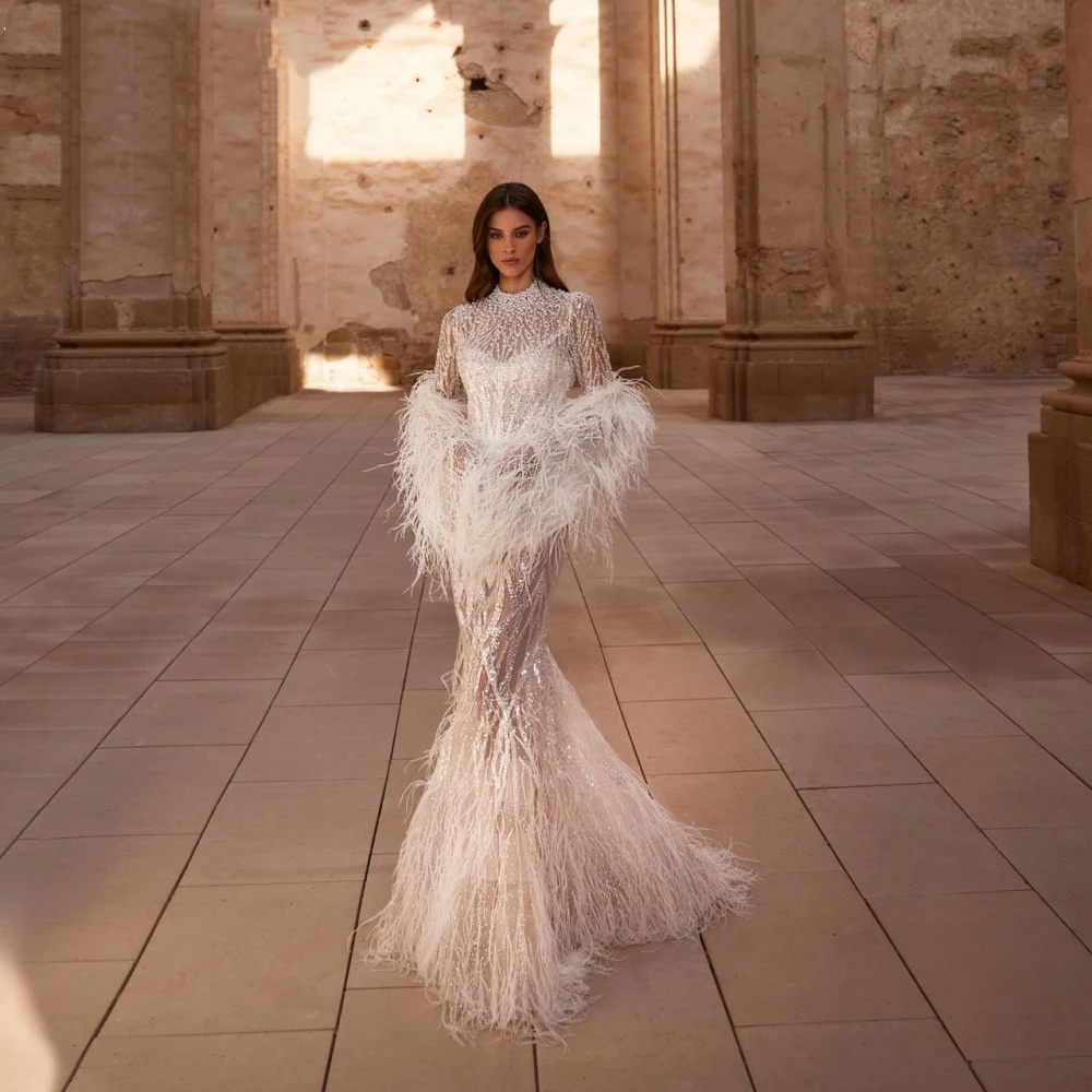 Gorgeous Evening Dresses For Women High Collar Long Sleeves Gown See Through Sequins Feather Sweep Train Party Customized Dress